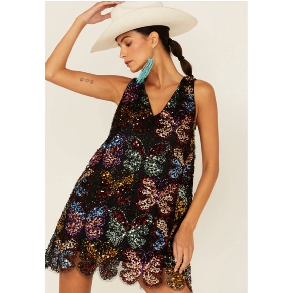 Free People Fly Me Away Butterfly Sequin MiniDress V-Neck Open Tie Back Size S